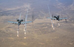 U.S. Air Force A-10s from the 354th Expeditionary Fighter Squadron release flares over Afghanistan on Nov. 13, 2019. - Staff Sgt. Matthew Lotz.