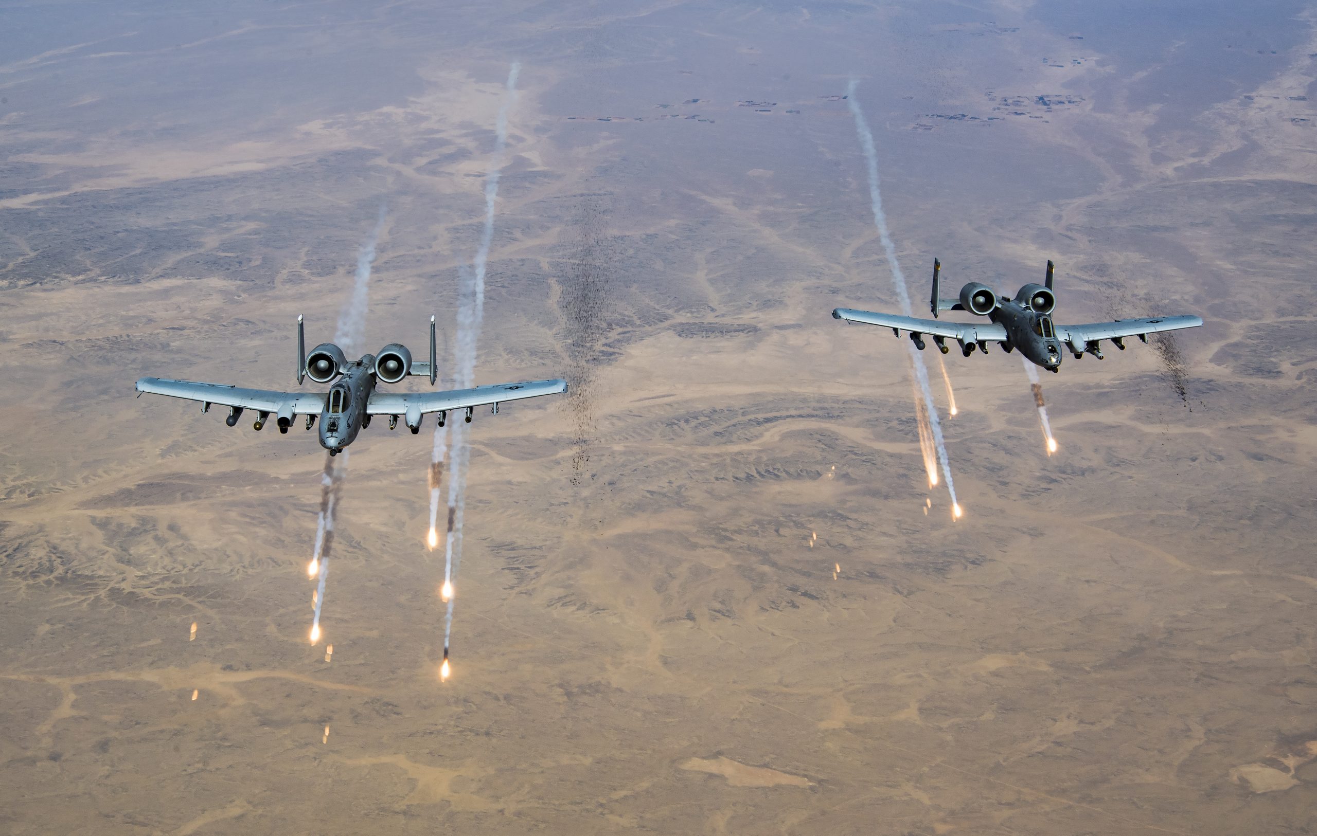 U.S. Air Force A-10s from the 354th Expeditionary Fighter Squadron release flares over Afghanistan on Nov. 13, 2019. - Staff Sgt. Matthew Lotz.