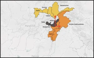 Map of Afghanistan and Pakistan highlighting regional militant activity and Taliban airstrike claims