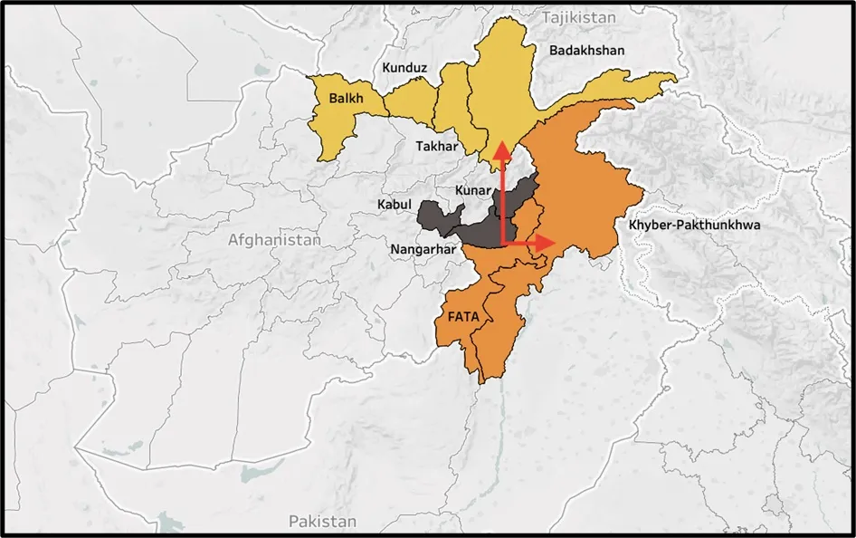 Map of Afghanistan and Pakistan highlighting regional militant activity and Taliban airstrike claims