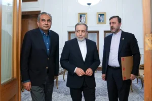 Iranian Foreign Minister Abbas Araqchi and Pakistan's Interior Minister Mohsin Naqvi look on as they meet in Tehran, Iran, June 7, 2026. - Iranian Foreign Ministry