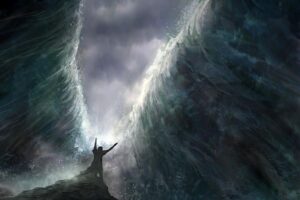 Symbolic depiction of Prophet Musa (AS) raising his staff as the sea parts, representing faith, freedom, and the significance of Ashura