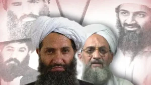 There is ambiguity over a pledge of allegiance now Hibatullah Akhundzada (main focus left) leads the Taliban and Ayman al-Zawahiri heads al-Qaeda