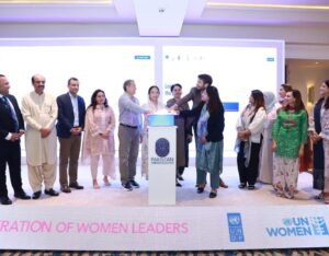 Representatives from partner organizations and Pakistani institutions jointly inaugurate the Pakistan Women Leaders Mentorship Programme, an initiative designed to strengthen women’s political leadership across Pakistan. [Image Courtesy: UN Women, TDEA